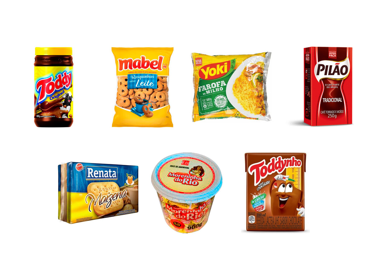 Selecção de produtos alimentares brasileiros: açaí, tapioca, farinha de mandioca, feijão preto, pão de queijo e doce de leite